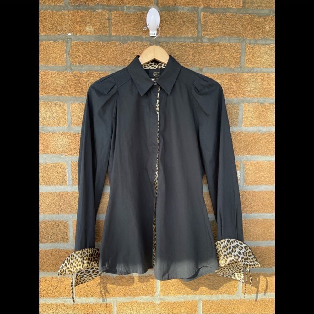 Just Cavalli Black Cotton Shirt With Leopard Pattern Trimming Size 44/8